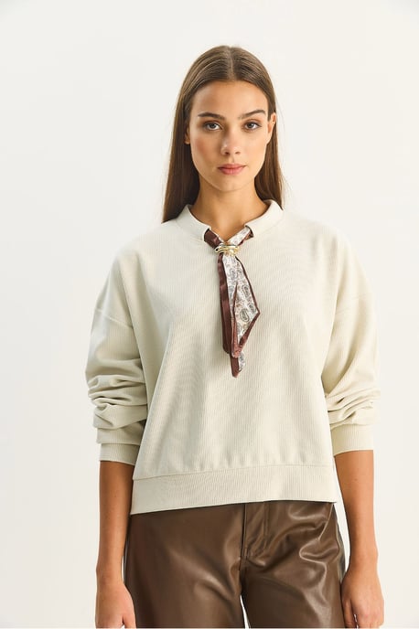 Ronde Hals Geribd Sweatshirt met Sjaal Accessoire Detail - Image 2