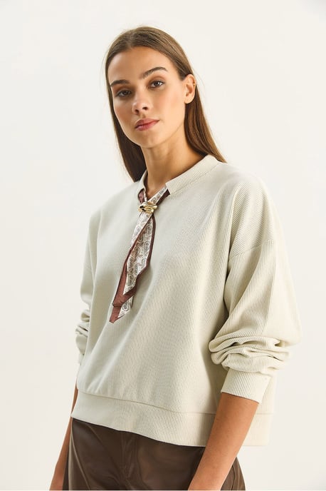Ronde Hals Geribd Sweatshirt met Sjaal Accessoire Detail - Image 3
