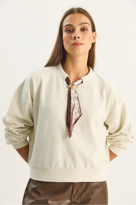 Ronde Hals Geribd Sweatshirt met Sjaal Accessoire Detail - Image 4