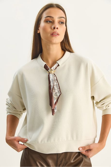 Ronde Hals Geribd Sweatshirt met Sjaal Accessoire Detail - Image 5