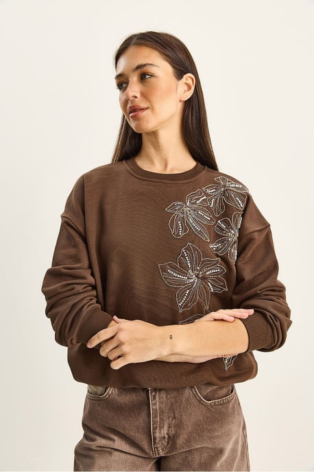 Bloemrijke Versierde Ronde Hals Relaxe Fit Sweatshirt - Image 3
