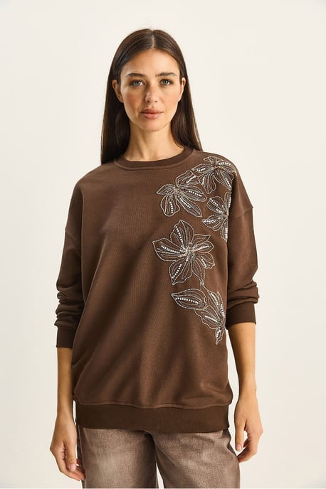 Bloemrijke Versierde Ronde Hals Relaxe Fit Sweatshirt - Image 4