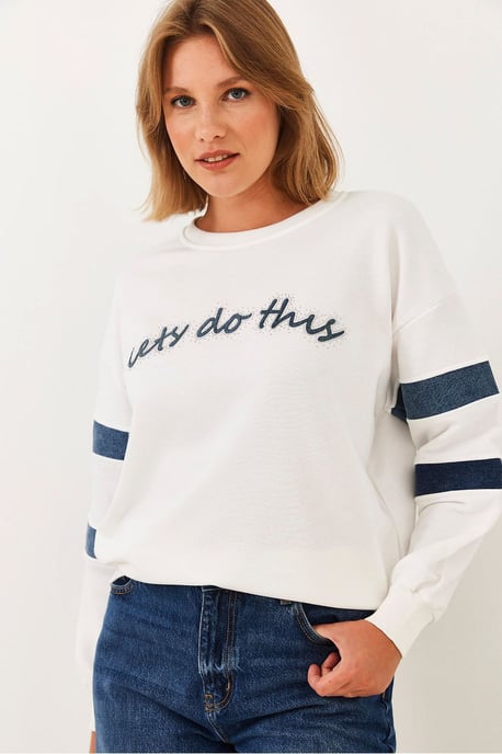Gestreepte Geborduurde Ronde Hals Sweatshirt - Image 3