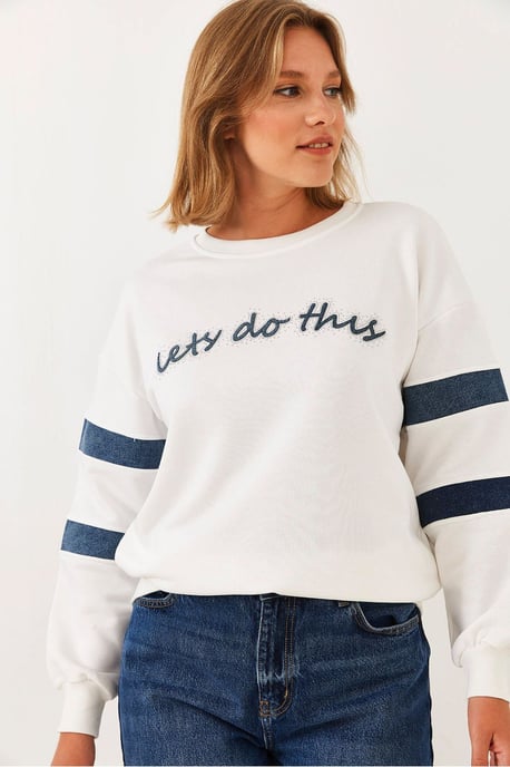 Gestreepte Geborduurde Ronde Hals Sweatshirt - Image 4