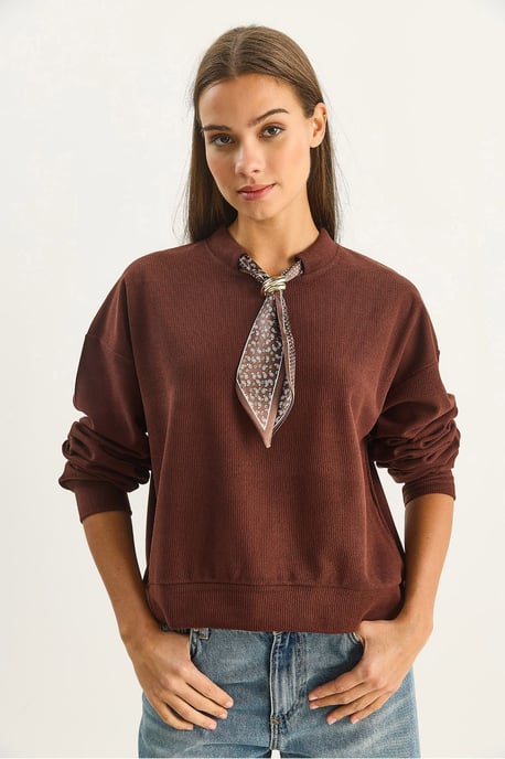 Crew Neck Geribbelde Sweatshirt met Sjaal Accessoire Detail - Image 2