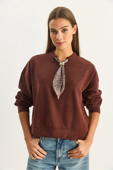 Crew Neck Geribbelde Sweatshirt met Sjaal Accessoire Detail - Image 3