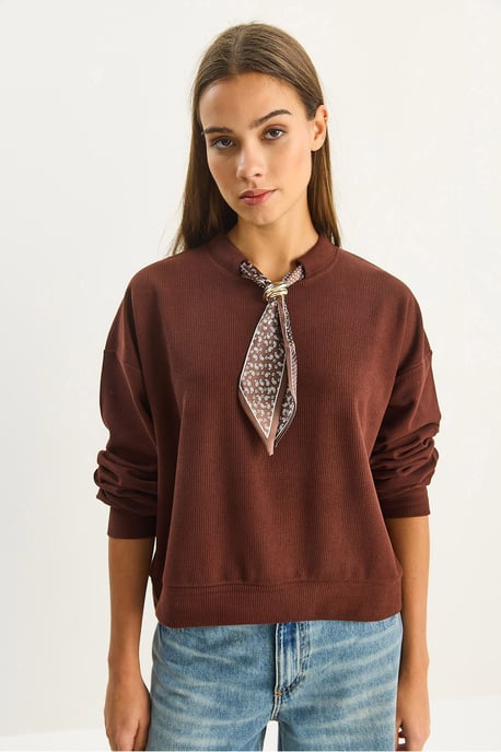 Crew Neck Geribbelde Sweatshirt met Sjaal Accessoire Detail - Image 4