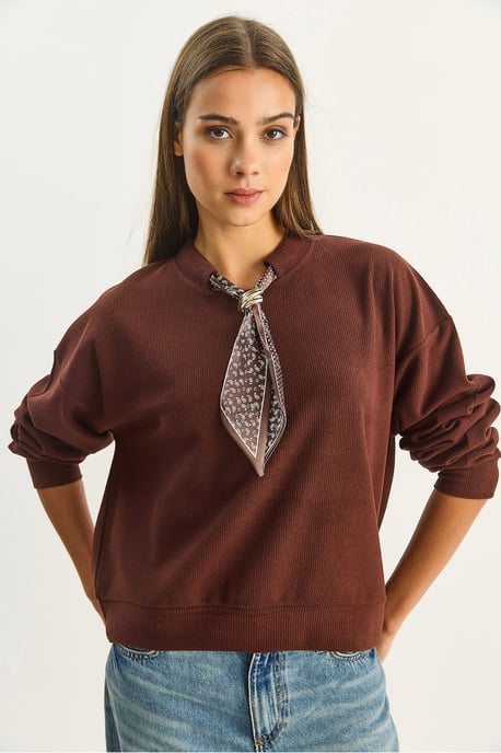 Crew Neck Geribbelde Sweatshirt met Sjaal Accessoire Detail - Image 5