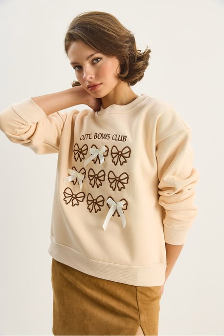 Ribbed Printed Crew Neck Long Sleeve Sweatshirt - Image 3
