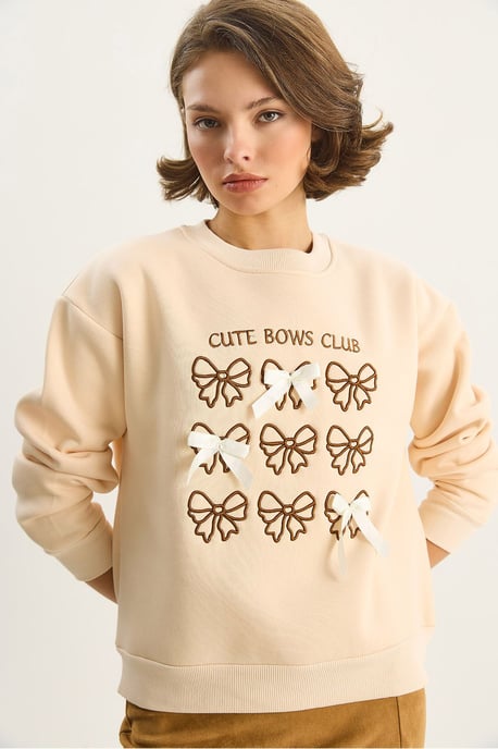 Ribbed Printed Crew Neck Long Sleeve Sweatshirt - Image 4