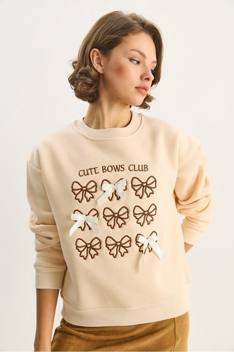 Ribbed Printed Crew Neck Long Sleeve Sweatshirt - Image 5