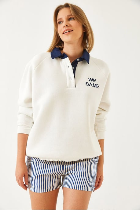 Broderad Polo Krage Långärmad Sweatshirt - Image 4