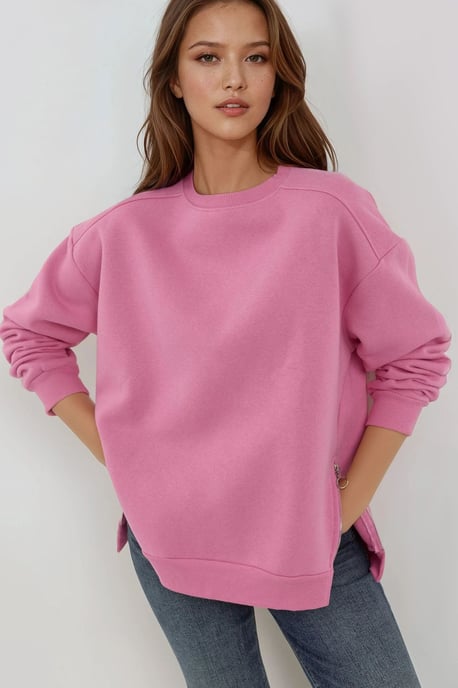 Textured Crew Neck Sweatshirt with Zipper Detail - Image 3