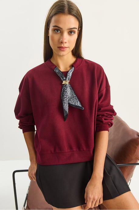 Ronde Hals Geribd Sweatshirt met Sjaal Accessoire Detail - Image 2