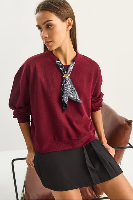 Ronde Hals Geribd Sweatshirt met Sjaal Accessoire Detail - Image 3