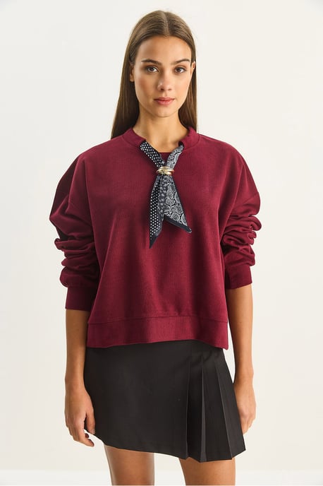 Ronde Hals Geribd Sweatshirt met Sjaal Accessoire Detail - Image 4