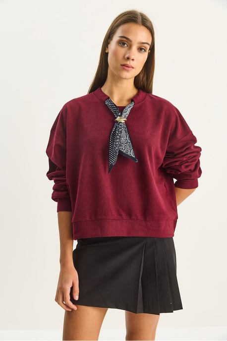 Ronde Hals Geribd Sweatshirt met Sjaal Accessoire Detail - Image 5