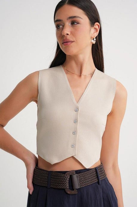 V-Neck Buttoned Crop Vest - Image 4