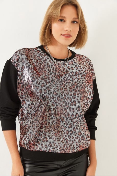Leopard Print Sequin Crew Neck Sweatshirt - Image 1