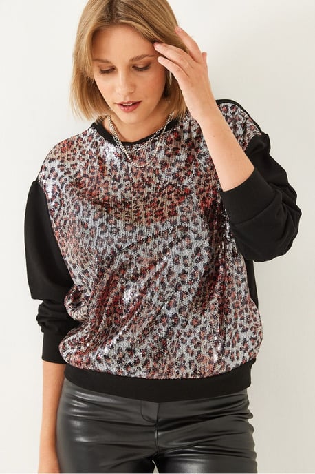 Leopard Print Sequin Crew Neck Sweatshirt - Image 2