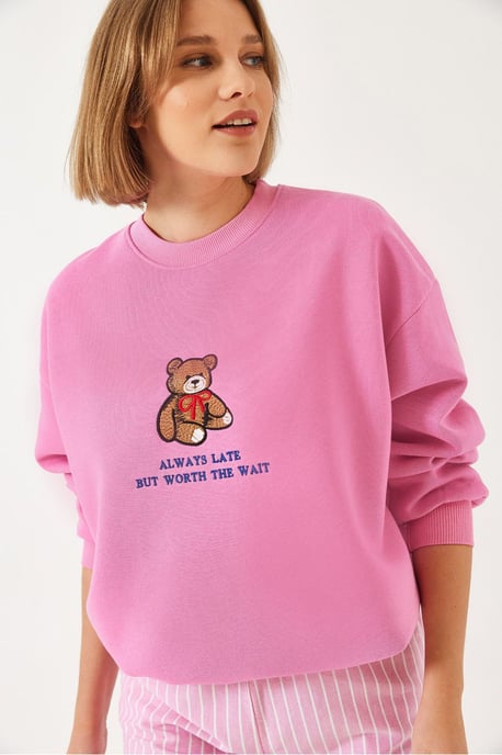 Broderad tryckt sweatshirt med rund hals - Image 2
