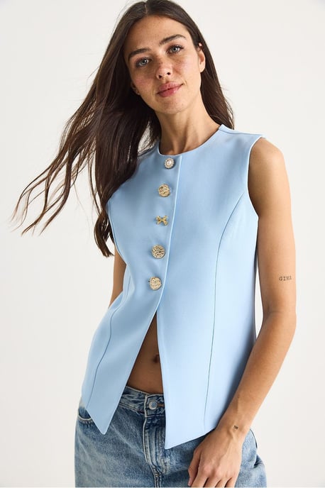 Aangesloten Mouwloze Knopsluiting Vest met Polokraag - Image 3