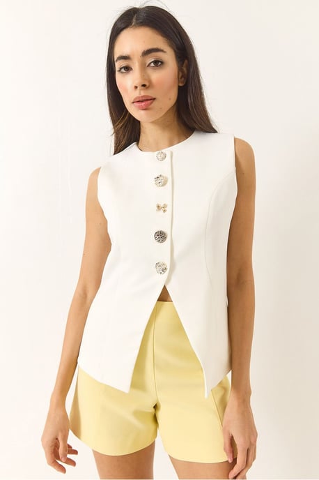 Getailleerd Mouwloos Vest met Knopen en Ronde Hals - Image 2