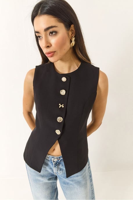 Getailleerde Mouwloze Knopen-Front Vest met Ronde Hals - Image 2