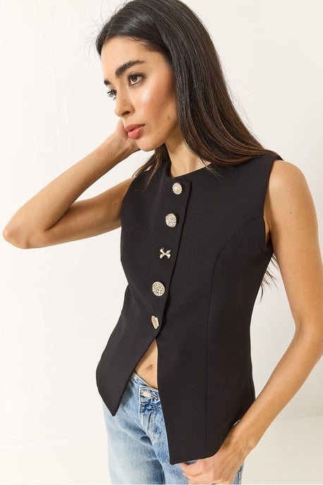 Getailleerde Mouwloze Knopen-Front Vest met Ronde Hals - Image 4