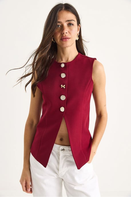 Aansluitende Mouwloze Knopen-Voorkant Gilet met Ronde Hals - Image 2