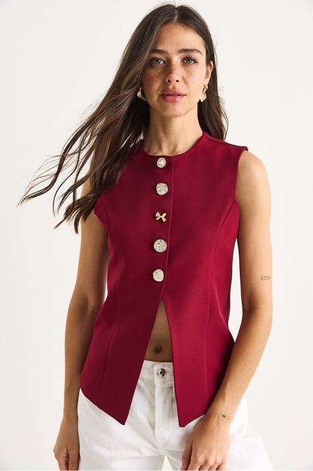 Aansluitende Mouwloze Knopen-Voorkant Gilet met Ronde Hals - Image 3