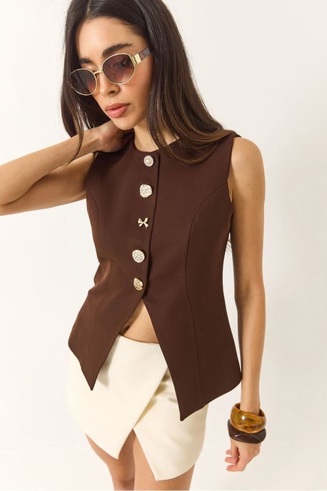 Getailleerde Mouwloze Knopsluiting Vest met Ronde Hals - Image 3