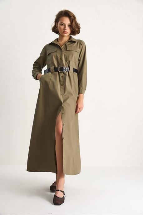 Maxi-jurk met lange mouwen, knoopsluiting en overhemdkraag - Image 4