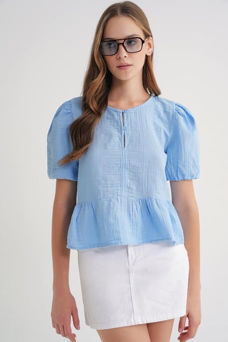 Gestructureerde Muslin Crew Neck Blouse met Knopen Sluiting - Image 2
