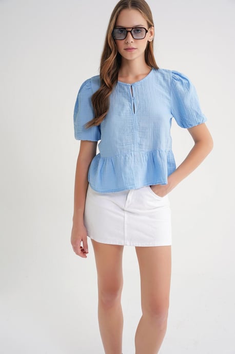 Gestructureerde Muslin Crew Neck Blouse met Knopen Sluiting - Image 3