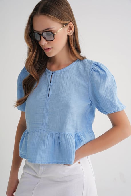 Gestructureerde Muslin Crew Neck Blouse met Knopen Sluiting - Image 4