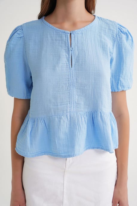 Gestructureerde Muslin Crew Neck Blouse met Knopen Sluiting - Image 5