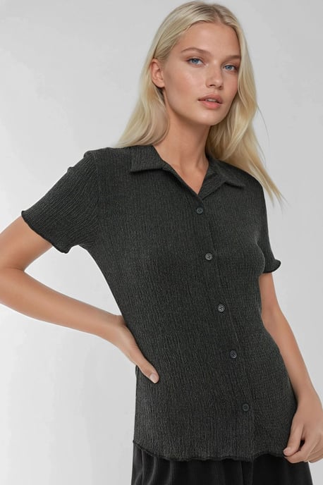 Texturerad kortärmad blus med skjortkrage - Image 1