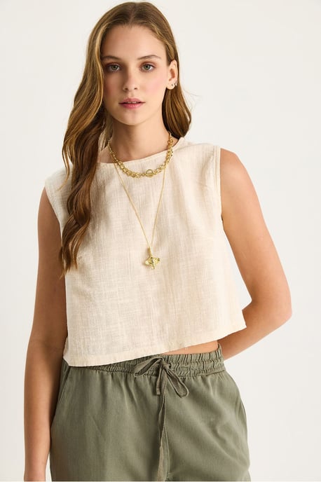 Linnenmix Korte Crew Neck Blouse - Image 3