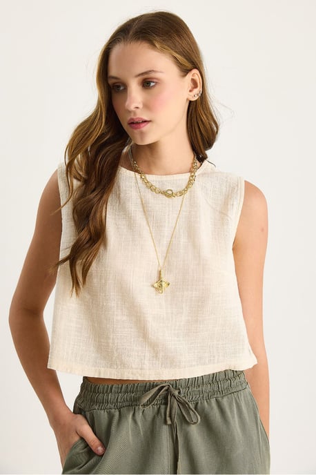 Linnenmix Korte Crew Neck Blouse - Image 4