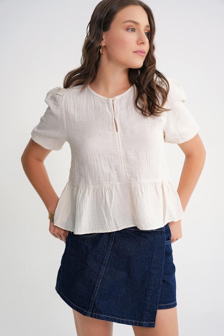 Gestructureerde Muslin Crew Neck Blouse met Knopsluiting - Image 3