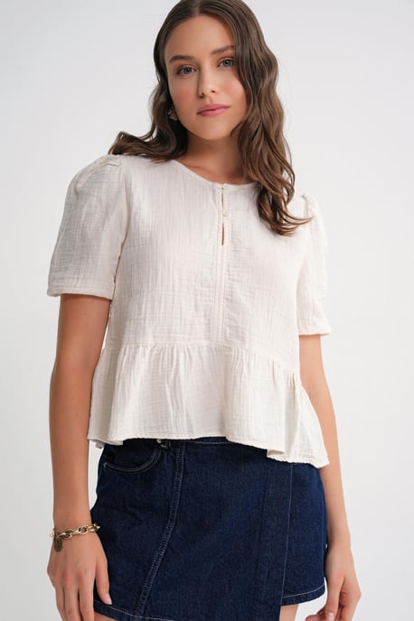 Gestructureerde Muslin Crew Neck Blouse met Knopsluiting - Image 4