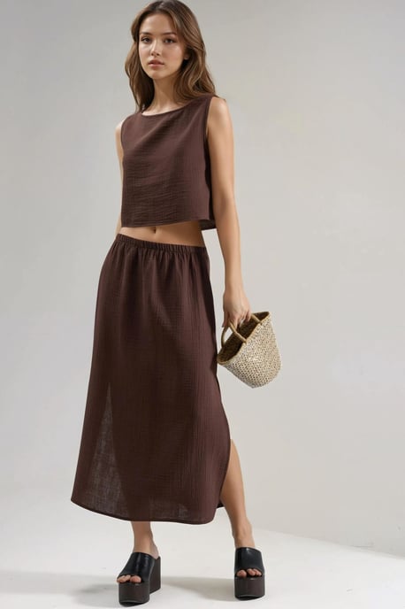 Crop Blus & Skirt med Slitsdetaljer i Muslin Tvådelad Set - Image 2