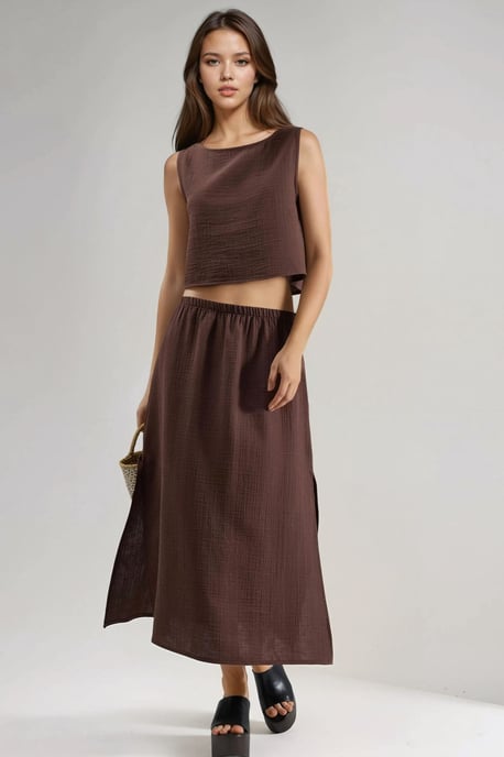 Crop Blus & Skirt med Slitsdetaljer i Muslin Tvådelad Set - Image 5