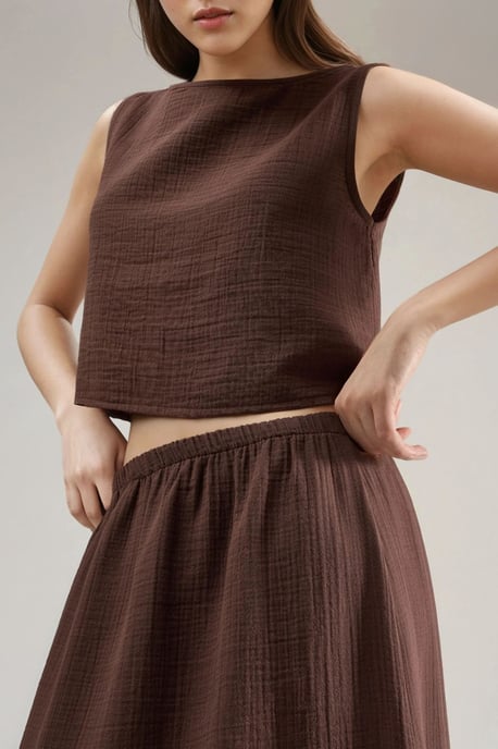 Crop Blus & Skirt med Slitsdetaljer i Muslin Tvådelad Set - Image 6