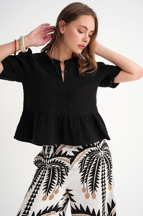 Getextureerde Muslin Crew Neck Blouse met Knoopsluiting - Image 3