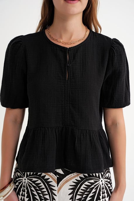 Getextureerde Muslin Crew Neck Blouse met Knoopsluiting - Image 4