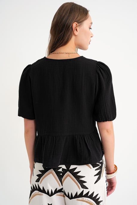 Getextureerde Muslin Crew Neck Blouse met Knoopsluiting - Image 6