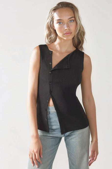 Texturerad Slim Fit Crew Neck Topp med Knappdetalj - Image 1