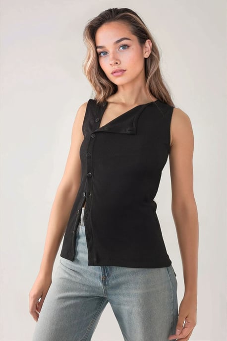Texturerad Slim Fit Crew Neck Topp med Knappdetalj - Image 3